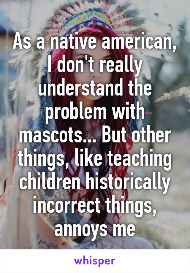 As a native american, I don't really understand the problem with mascots... But other things, like teaching children historically incorrect things, annoys me