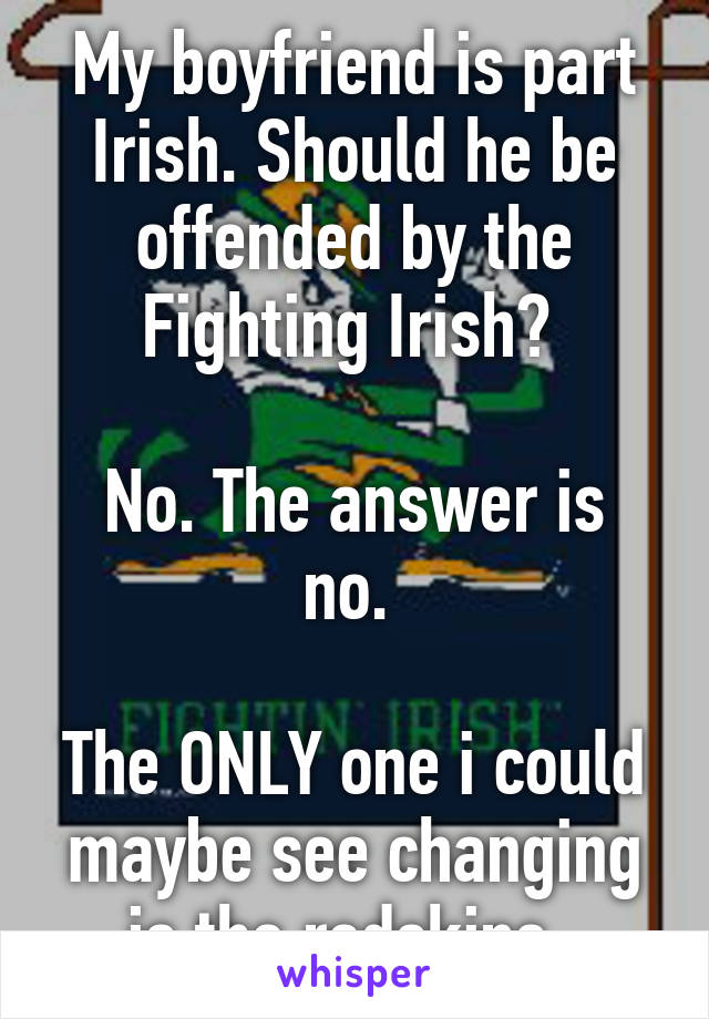 My boyfriend is part Irish. Should he be offended by the Fighting Irish? 

No. The answer is no. 

The ONLY one i could maybe see changing is the redskins. 