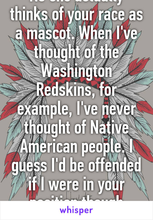 No one actually thinks of your race as a mascot. When I've thought of the Washington Redskins, for example, I've never thought of Native American people. I guess I'd be offended if I were in your position though regardless.