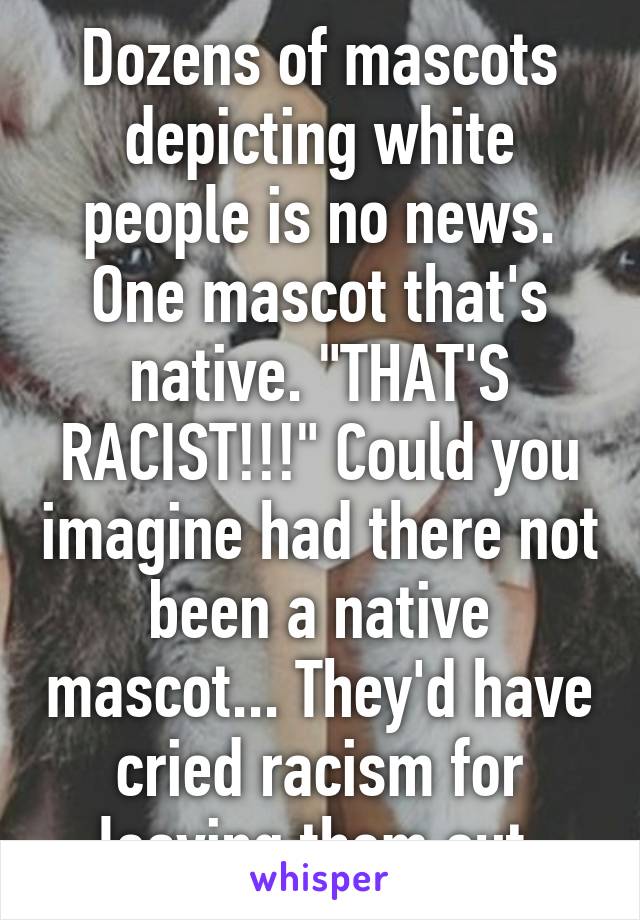 Dozens of mascots depicting white people is no news. One mascot that's native. "THAT'S RACIST!!!" Could you imagine had there not been a native mascot... They'd have cried racism for leaving them out.