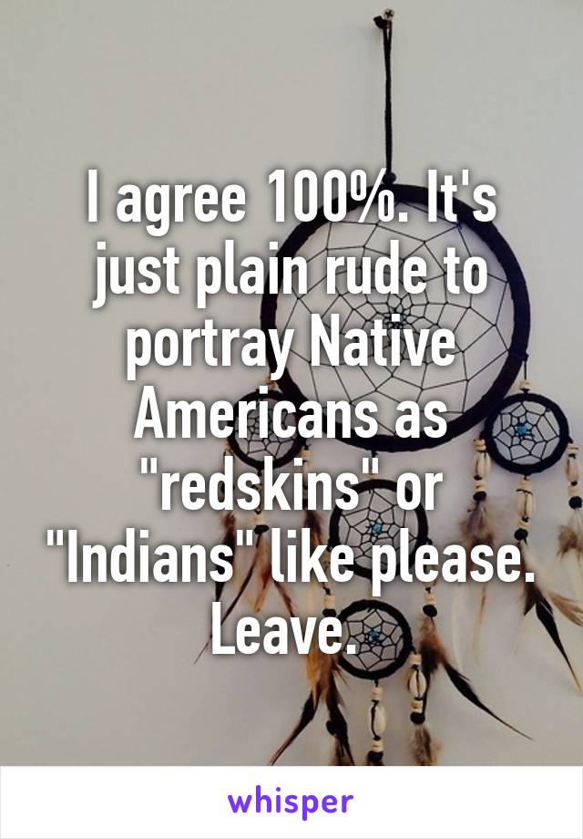 I agree 100%. It's just plain rude to portray Native Americans as "redskins" or "Indians" like please. Leave. 