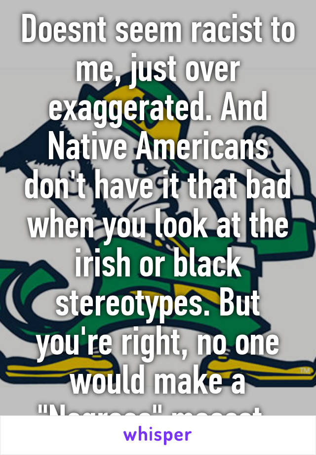 Doesnt seem racist to me, just over exaggerated. And Native Americans don't have it that bad when you look at the irish or black stereotypes. But you're right, no one would make a "Negroes" mascot. 