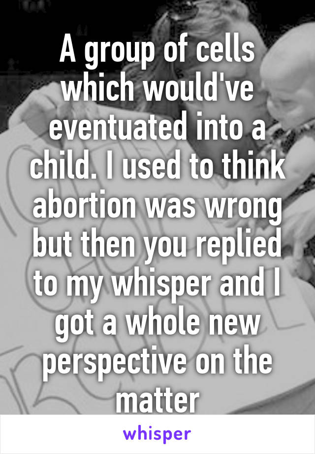 A group of cells which would've eventuated into a child. I used to think abortion was wrong but then you replied to my whisper and I got a whole new perspective on the matter