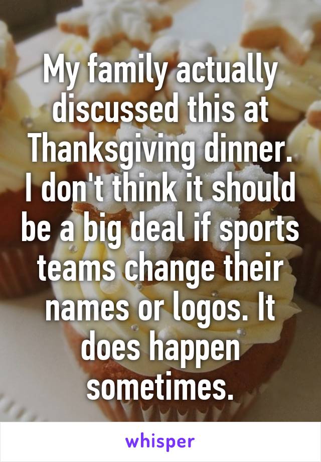 My family actually discussed this at Thanksgiving dinner. I don't think it should be a big deal if sports teams change their names or logos. It does happen sometimes.