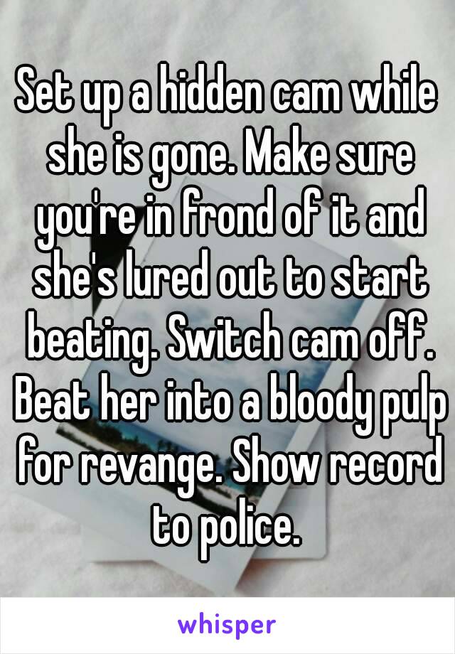 Set up a hidden cam while she is gone. Make sure you're in frond of it and she's lured out to start beating. Switch cam off. Beat her into a bloody pulp for revange. Show record to police. 