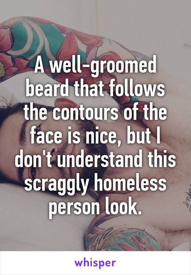 A well-groomed beard that follows the contours of the face is nice, but I don't understand this scraggly homeless person look.