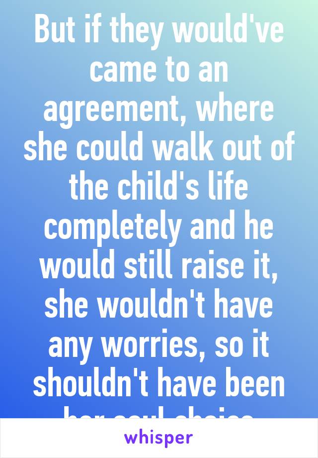 But if they would've came to an agreement, where she could walk out of the child's life completely and he would still raise it, she wouldn't have any worries, so it shouldn't have been her soul choice