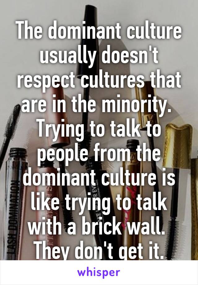 The dominant culture usually doesn't respect cultures that are in the minority.  Trying to talk to people from the dominant culture is like trying to talk with a brick wall.  They don't get it.