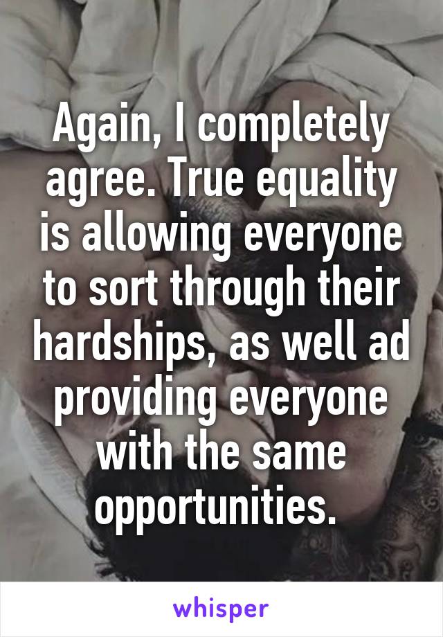 Again, I completely agree. True equality is allowing everyone to sort through their hardships, as well ad providing everyone with the same opportunities. 
