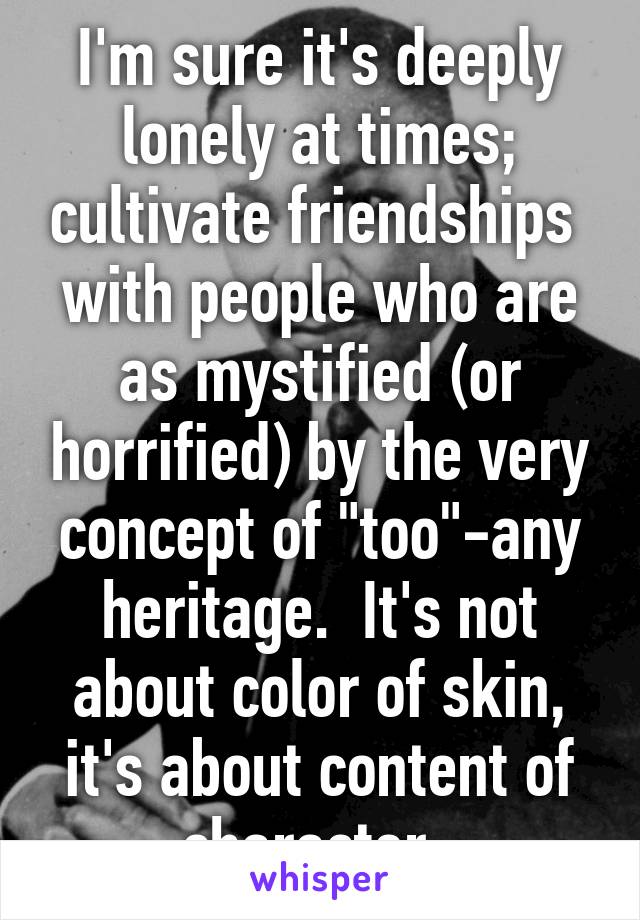 I'm sure it's deeply lonely at times; cultivate friendships  with people who are as mystified (or horrified) by the very concept of "too"-any heritage.  It's not about color of skin, it's about content of character. 
