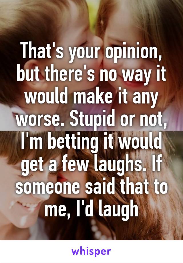 That's your opinion, but there's no way it would make it any worse. Stupid or not, I'm betting it would get a few laughs. If someone said that to me, I'd laugh