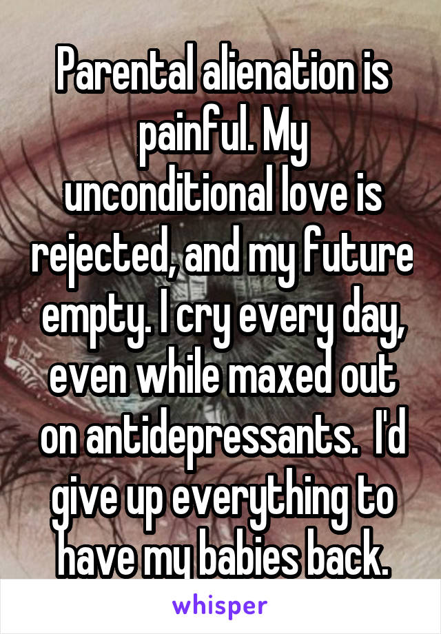 Parental alienation is painful. My unconditional love is rejected, and my future empty. I cry every day, even while maxed out on antidepressants.  I'd give up everything to have my babies back.