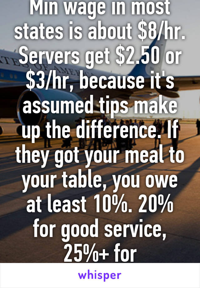 Min wage in most states is about $8/hr. Servers get $2.50 or $3/hr, because it's assumed tips make up the difference. If they got your meal to your table, you owe at least 10%. 20% for good service, 25%+ for exceptional.