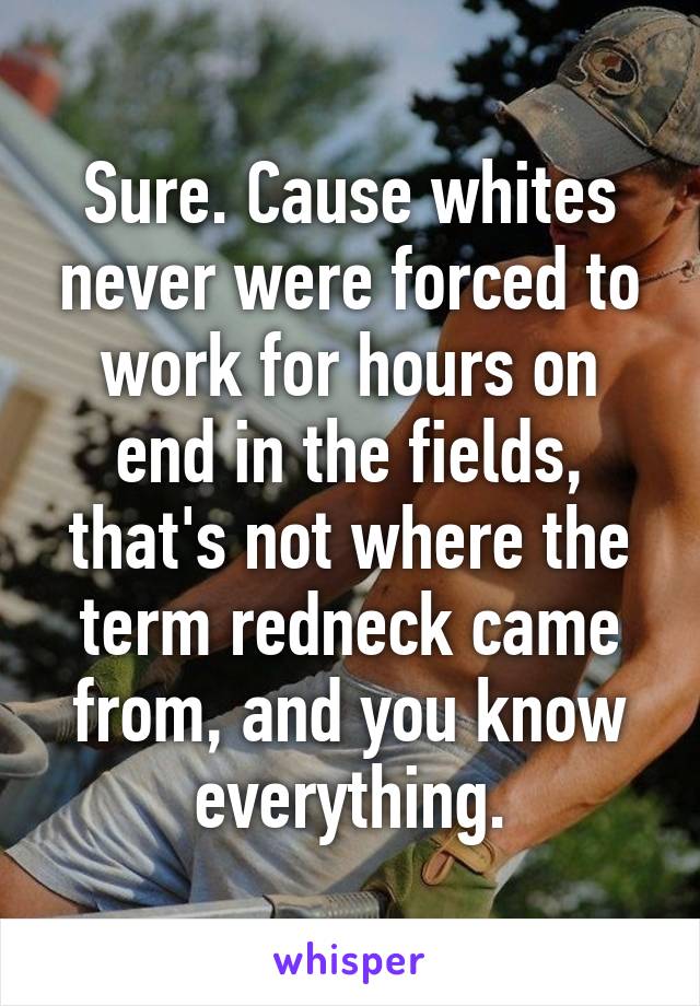 Sure. Cause whites never were forced to work for hours on end in the fields, that's not where the term redneck came from, and you know everything.