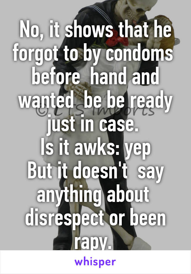 No, it shows that he forgot to by condoms  before  hand and wanted  be be ready just in case. 
Is it awks: yep
But it doesn't  say anything about  disrespect or been rapy. 