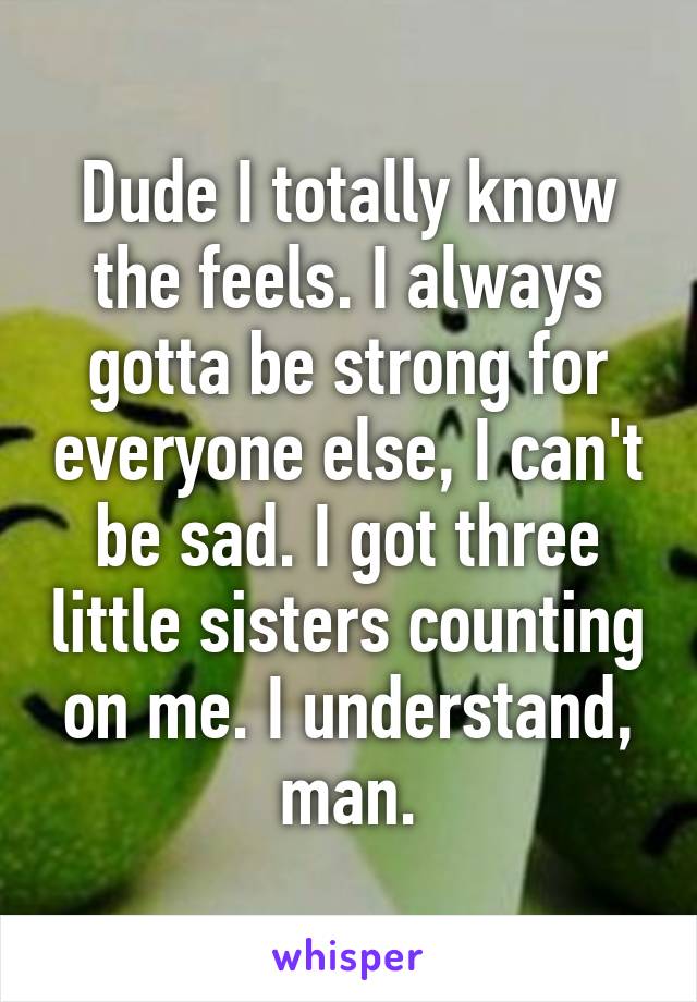 Dude I totally know the feels. I always gotta be strong for everyone else, I can't be sad. I got three little sisters counting on me. I understand, man.