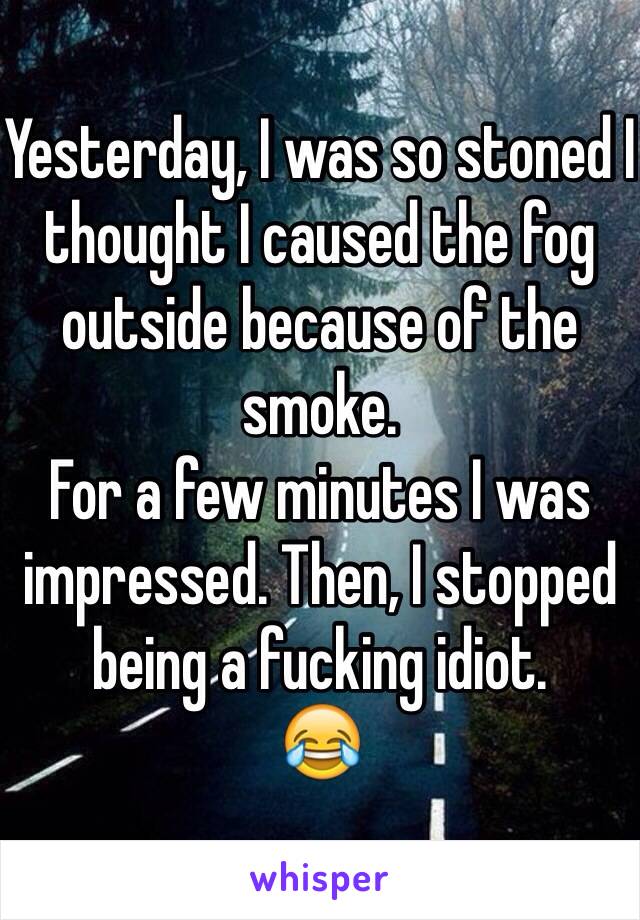 Yesterday, I was so stoned I thought I caused the fog outside because of the smoke. 
For a few minutes I was impressed. Then, I stopped being a fucking idiot. 
😂