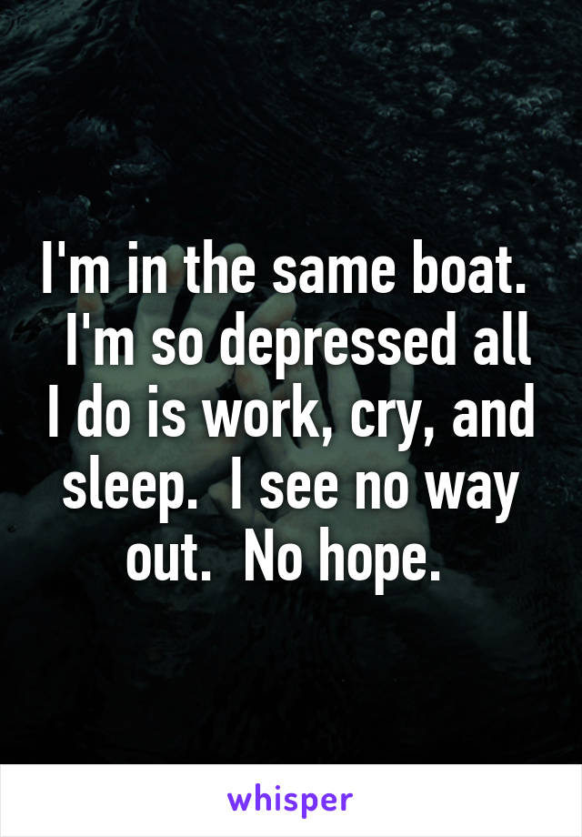 I'm in the same boat.   I'm so depressed all I do is work, cry, and sleep.  I see no way out.  No hope. 