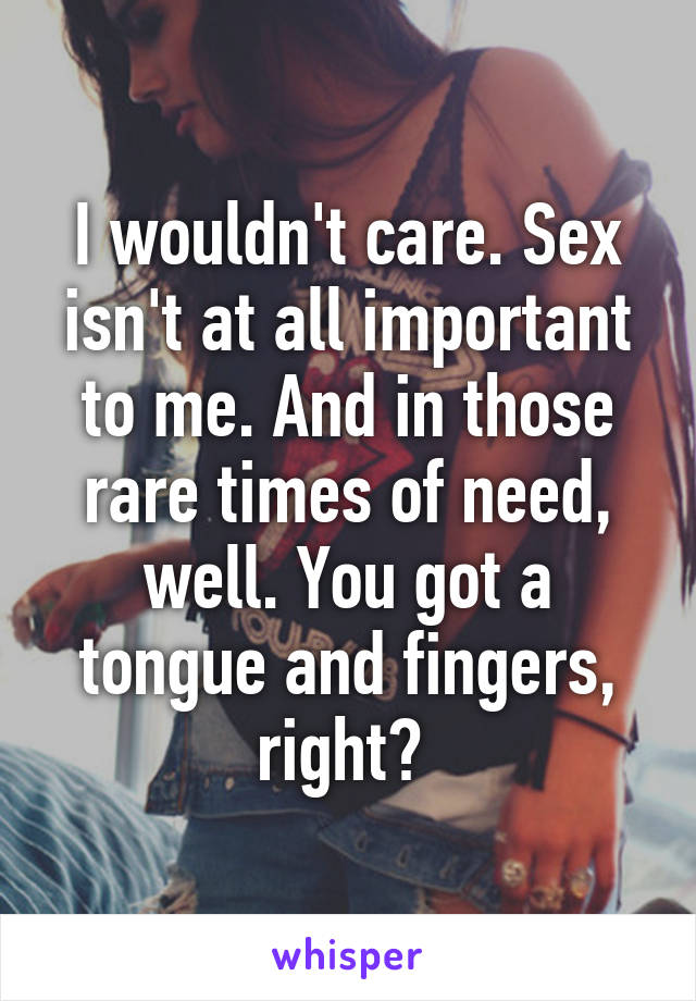 I wouldn't care. Sex isn't at all important to me. And in those rare times of need, well. You got a tongue and fingers, right? 