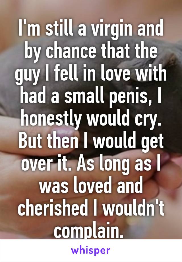 I'm still a virgin and by chance that the guy I fell in love with had a small penis, I honestly would cry. But then I would get over it. As long as I was loved and cherished I wouldn't complain. 