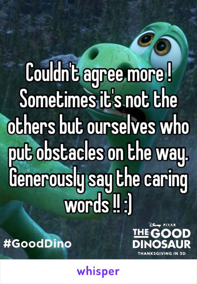 Couldn't agree more ! Sometimes it's not the others but ourselves who put obstacles on the way. Generously say the caring words !! :)