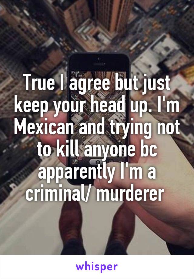 True I agree but just keep your head up. I'm Mexican and trying not to kill anyone bc apparently I'm a criminal/ murderer 