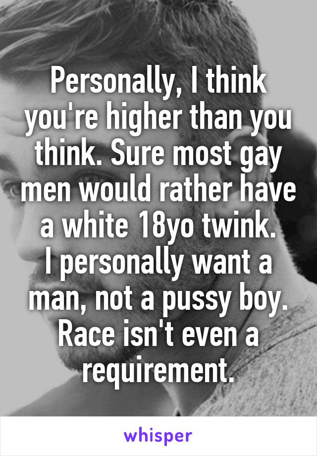 Personally, I think you're higher than you think. Sure most gay men would rather have a white 18yo twink.
I personally want a man, not a pussy boy. Race isn't even a requirement.