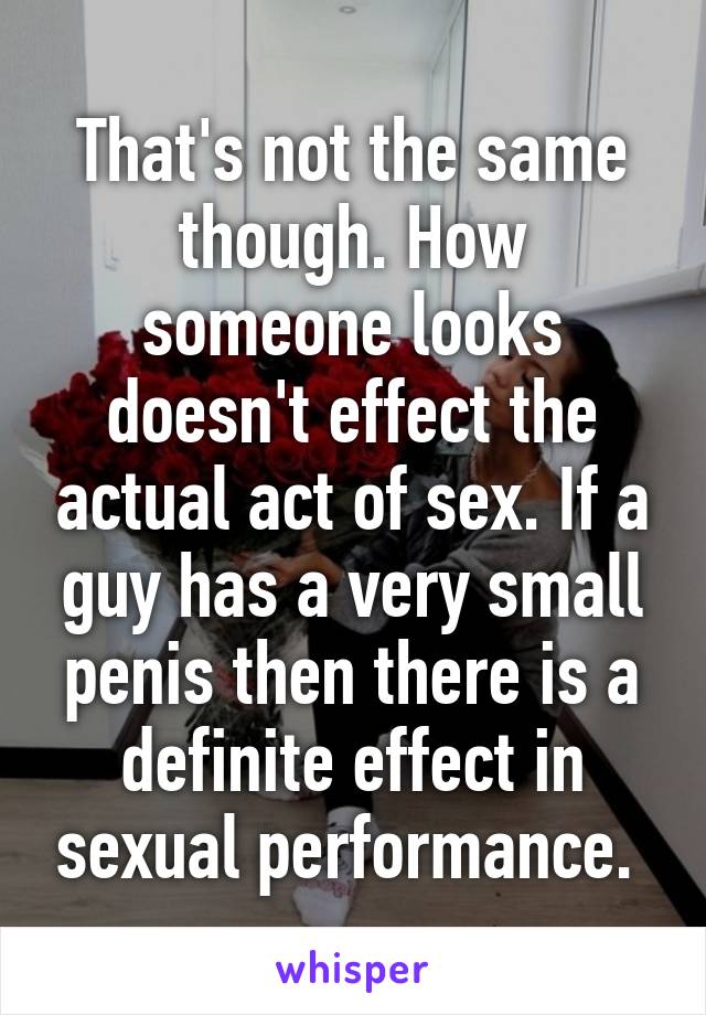 That's not the same though. How someone looks doesn't effect the actual act of sex. If a guy has a very small penis then there is a definite effect in sexual performance. 