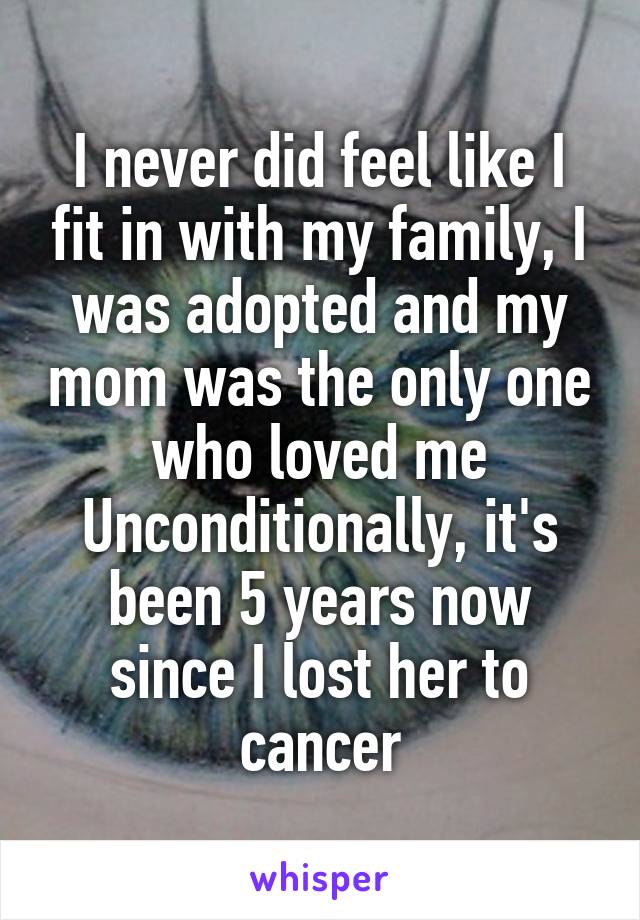 I never did feel like I fit in with my family, I was adopted and my mom was the only one who loved me Unconditionally, it's been 5 years now since I lost her to cancer