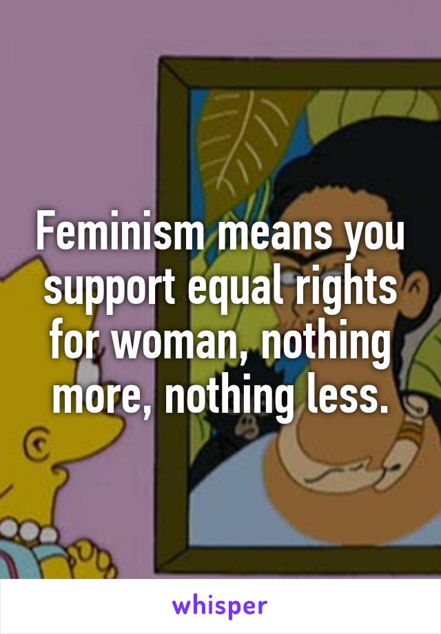 Feminism means you support equal rights for woman, nothing more, nothing less.