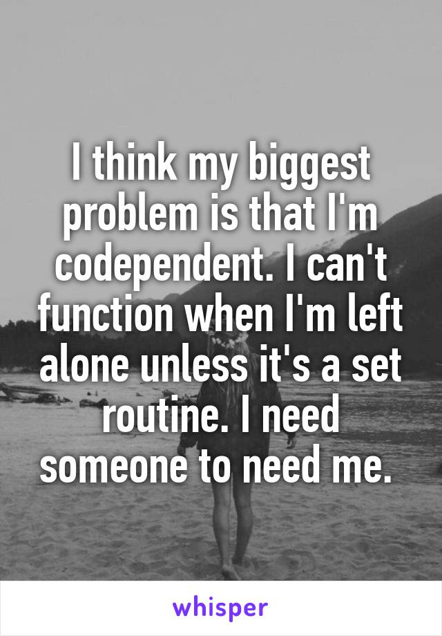 I think my biggest problem is that I'm codependent. I can't function when I'm left alone unless it's a set routine. I need someone to need me. 