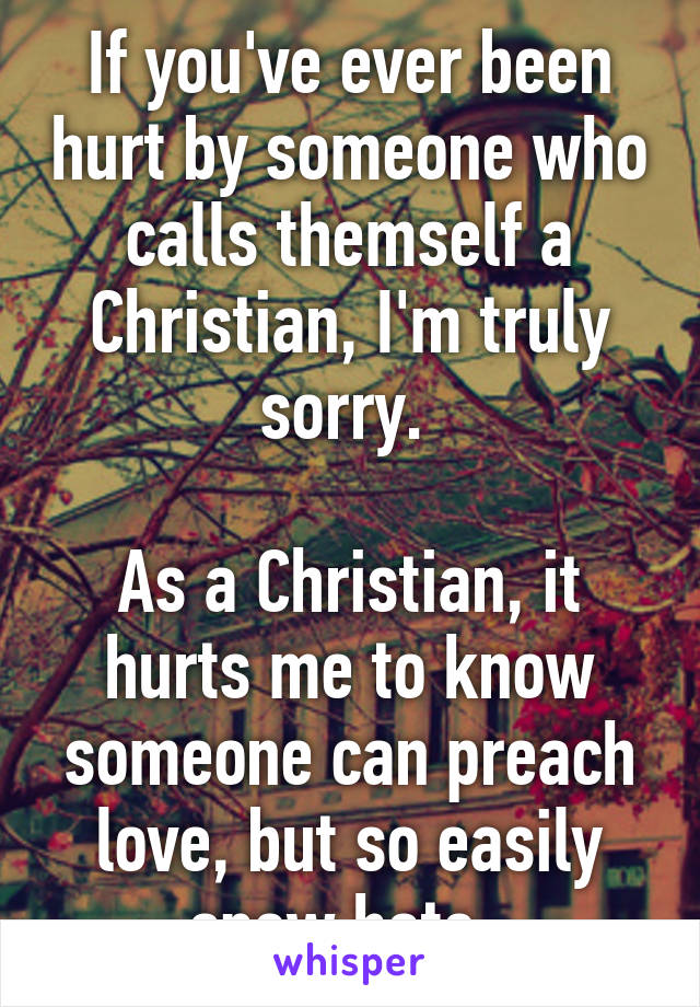 If you've ever been hurt by someone who calls themself a Christian, I'm truly sorry. 

As a Christian, it hurts me to know someone can preach love, but so easily spew hate. 