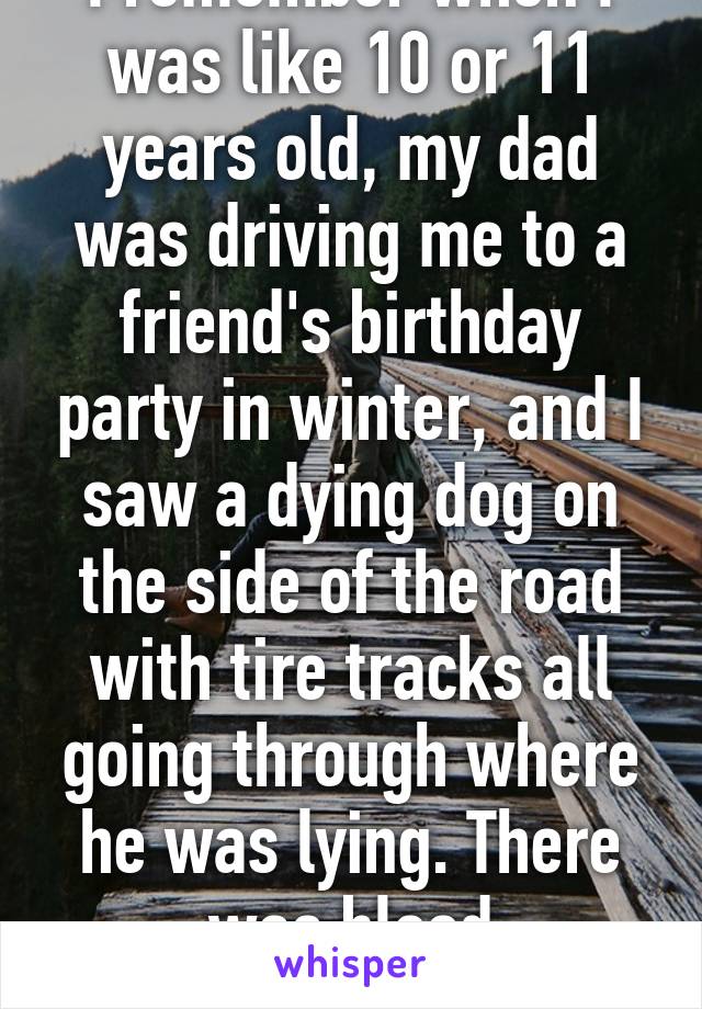 I remember when I was like 10 or 11 years old, my dad was driving me to a friend's birthday party in winter, and I saw a dying dog on the side of the road with tire tracks all going through where he was lying. There was blood everywhere.