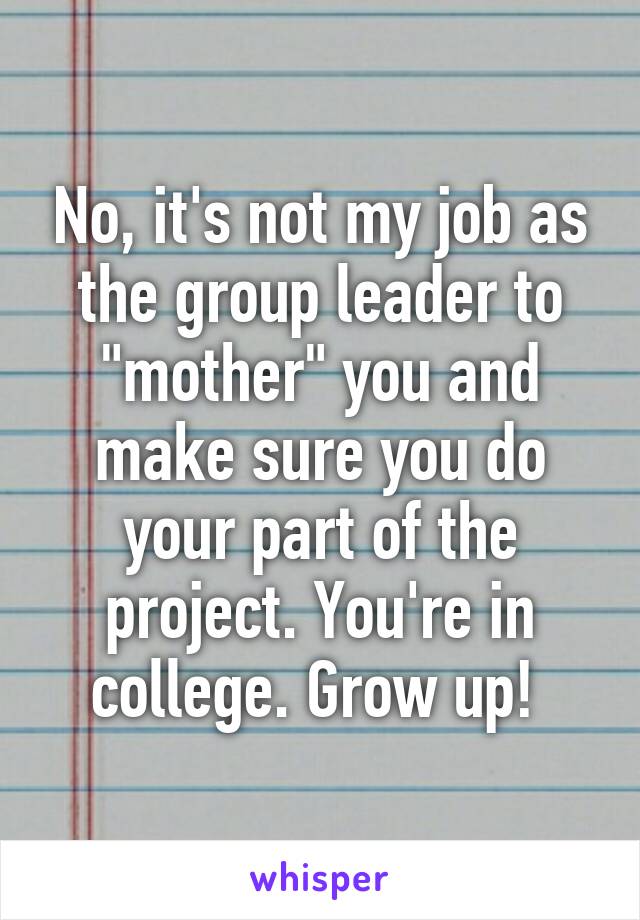 No, it's not my job as the group leader to "mother" you and make sure you do your part of the project. You're in college. Grow up! 