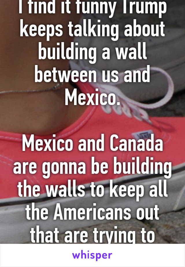 I find it funny Trump keeps talking about building a wall between us and Mexico.

Mexico and Canada are gonna be building the walls to keep all the Americans out that are trying to escape this joke 