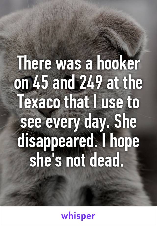 There was a hooker on 45 and 249 at the Texaco that I use to see every day. She disappeared. I hope she's not dead. 