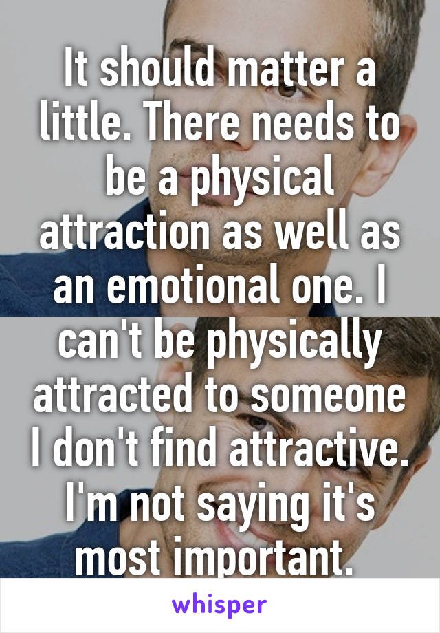 It should matter a little. There needs to be a physical attraction as well as an emotional one. I can't be physically attracted to someone I don't find attractive. I'm not saying it's most important. 