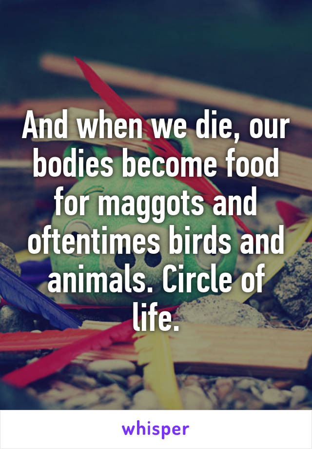 And when we die, our bodies become food for maggots and oftentimes birds and animals. Circle of life.