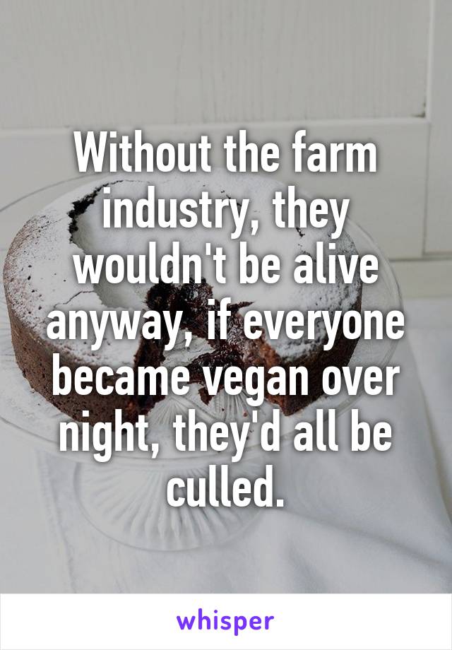 Without the farm industry, they wouldn't be alive anyway, if everyone became vegan over night, they'd all be culled.