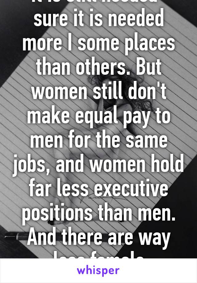 It is still needed- sure it is needed more I some places than others. But women still don't make equal pay to men for the same jobs, and women hold far less executive positions than men. And there are way less female billionaires 