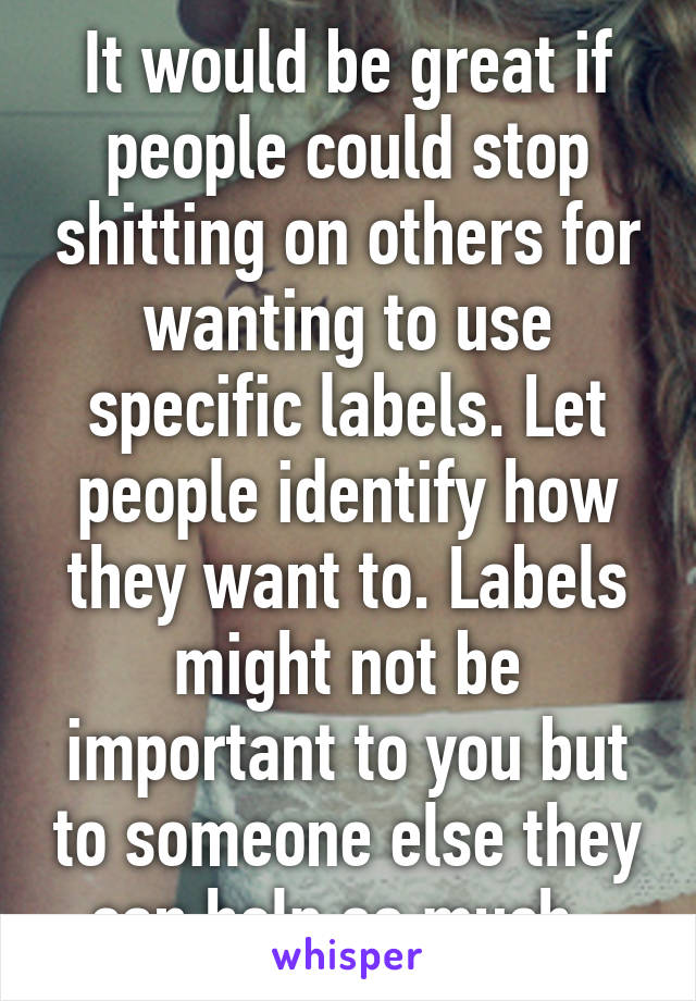 It would be great if people could stop shitting on others for wanting to use specific labels. Let people identify how they want to. Labels might not be important to you but to someone else they can help so much. 
