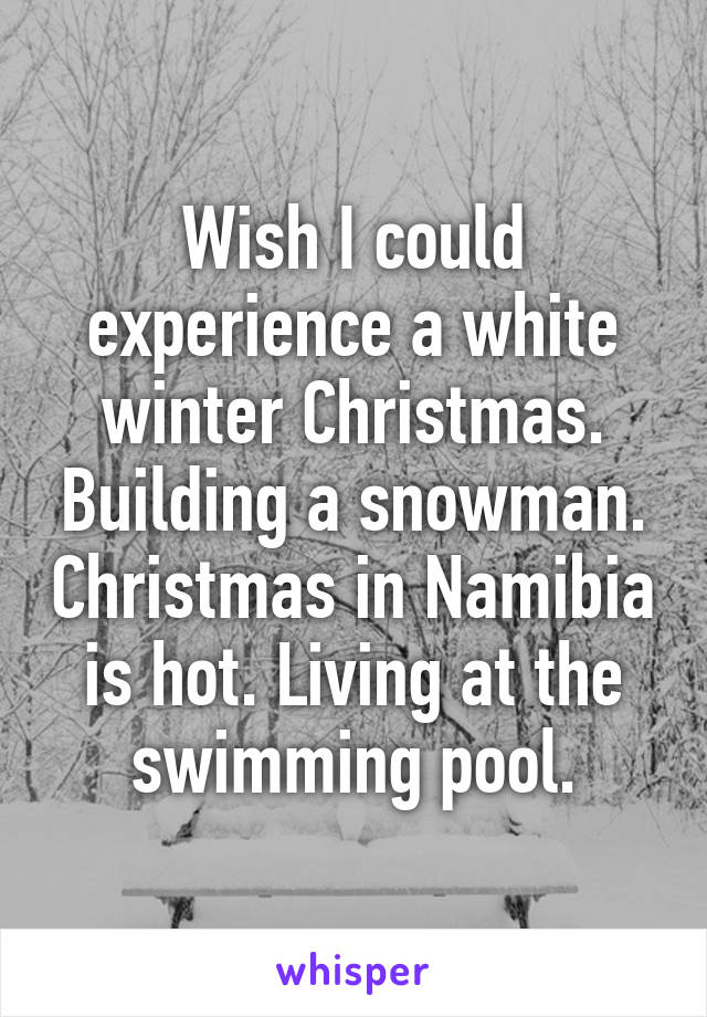 Wish I could experience a white winter Christmas. Building a snowman. Christmas in Namibia is hot. Living at the swimming pool.