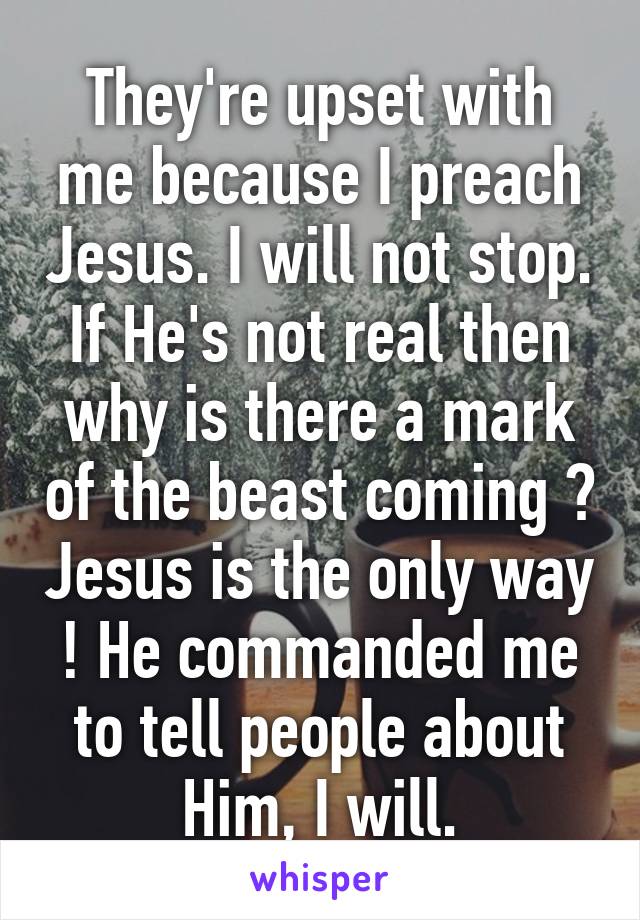 They're upset with me because I preach Jesus. I will not stop. If He's not real then why is there a mark of the beast coming ? Jesus is the only way ! He commanded me to tell people about Him, I will.