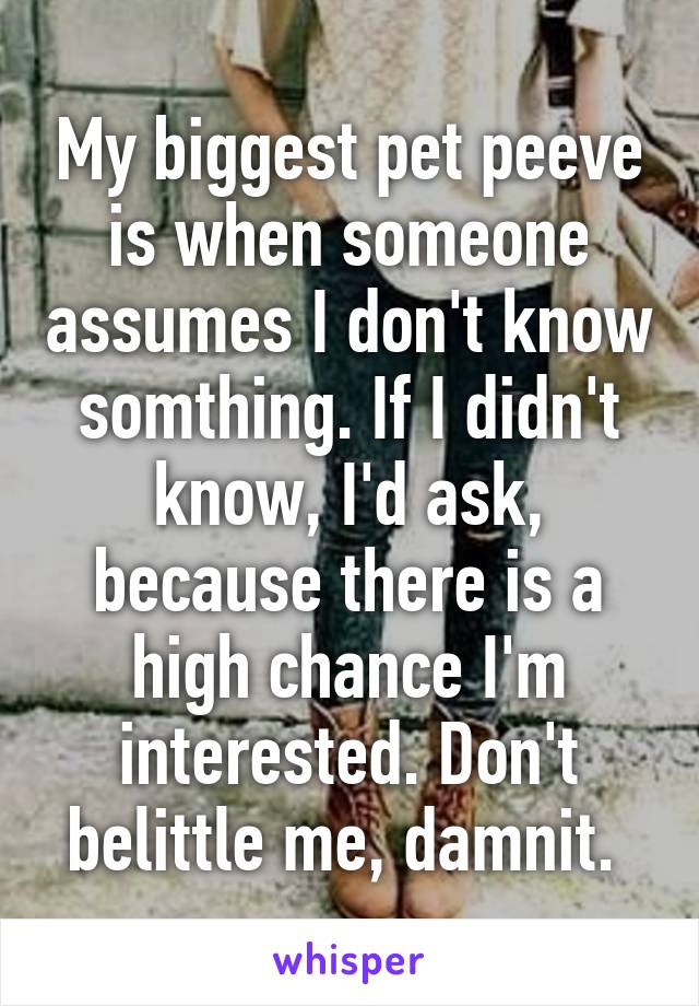 My biggest pet peeve is when someone assumes I don't know somthing. If I didn't know, I'd ask, because there is a high chance I'm interested. Don't belittle me, damnit. 