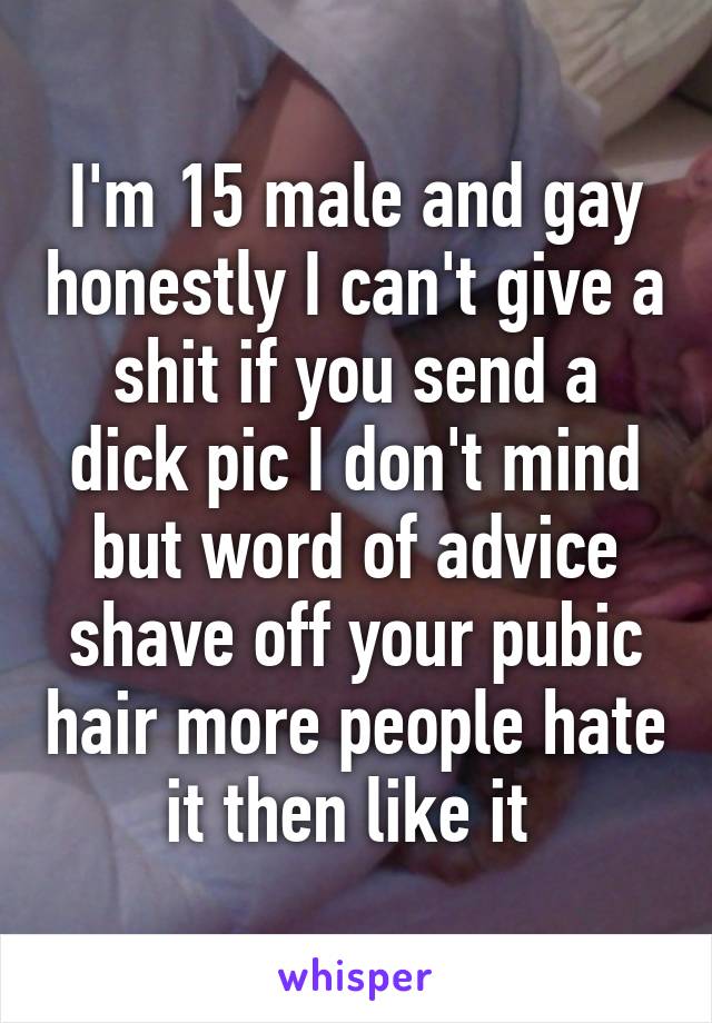 I'm 15 male and gay honestly I can't give a shit if you send a dick pic I don't mind but word of advice shave off your pubic hair more people hate it then like it 