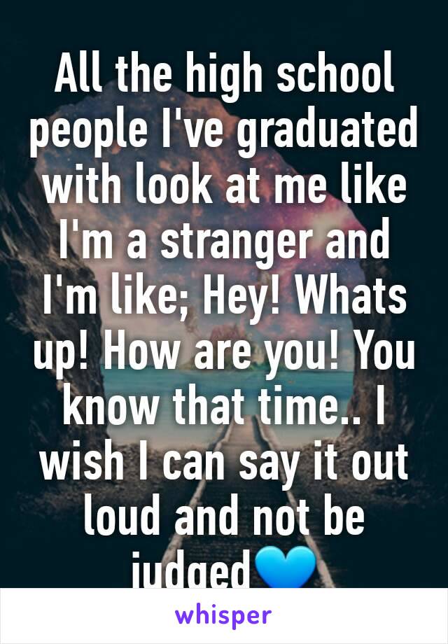 All the high school people I've graduated with look at me like I'm a stranger and I'm like; Hey! Whats up! How are you! You know that time.. I wish I can say it out loud and not be judged💙