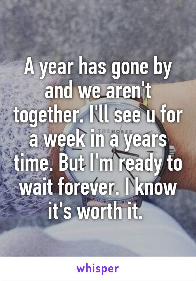 A year has gone by and we aren't together. I'll see u for a week in a years time. But I'm ready to wait forever. I know it's worth it. 