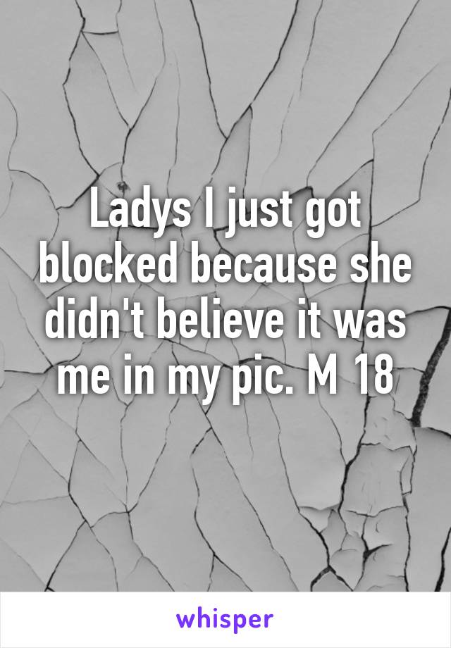 Ladys I just got blocked because she didn't believe it was me in my pic. M 18
