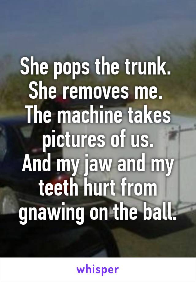 She pops the trunk. 
She removes me. 
The machine takes pictures of us.
And my jaw and my teeth hurt from gnawing on the ball.
