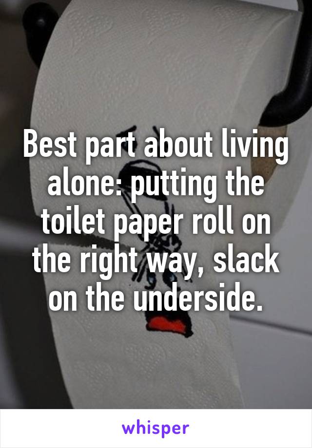 Best part about living alone: putting the toilet paper roll on the right way, slack on the underside.